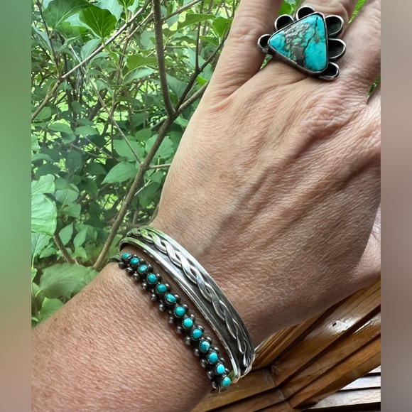 Old Pawn Native American Zuni Turquoise Petite Point Sterling Silver Cuff - Picture 3 of 16